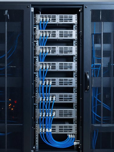 Wide environmental shot of a perfectly organized server rack in a modern smart home, structured cabling runs with clean cable ties, cool technical lighting, sharp focus