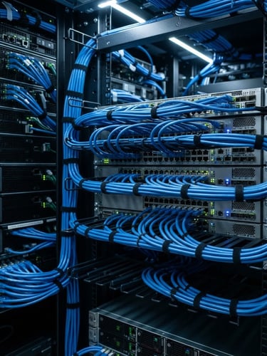 Macro close-up of a neatly organized server rack with electric blue ethernet cables, structured runs, cool technical lighting, sharp focus, 35mm