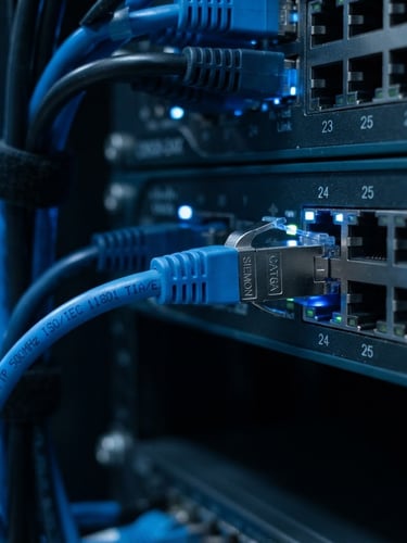 Macro close-up of a neatly terminated Cat6A cable entering an enterprise switch, metallic textures, cool blue technical lighting, sharp focus, 35mm