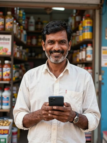 A medium environmental portrait of a smiling Indian shopkeeper in his brightly lit kirana store, holding a smartphone, warm natural daylight, rich colors, sharp focus, 35mm editorial photography.