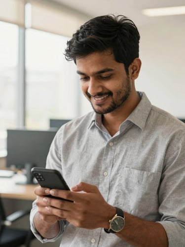 A medium environmental portrait of a young Indian male professional in a bright, modern office setting, looking at his mobile phone with a confident smile, warm natural daylight, 35mm.
