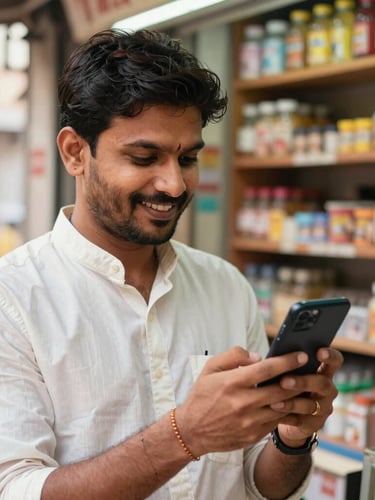A close-up of a modern Indian shopkeeper smiling while looking at a successful transaction screen on his mobile phone in a bright kirana store, warm natural daylight, rich colors, sharp focus