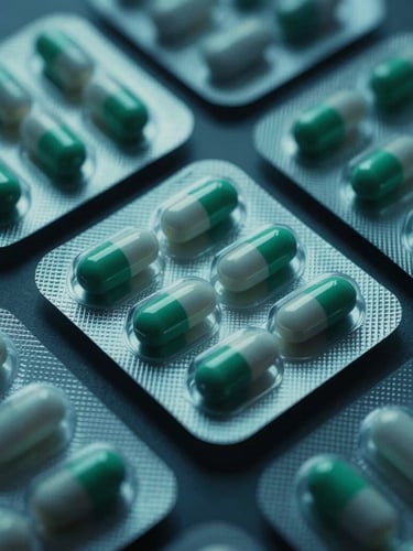Overhead clean shot of organized clinical medicine packaging, sharp macro details, moody dark blue and emerald green ambient lighting