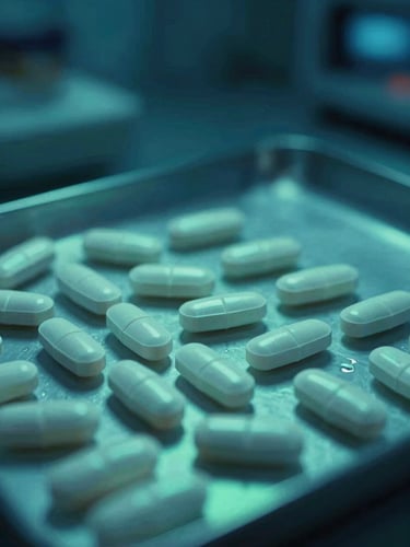 Cinematic macro shot of certified pharmaceutical batches in a temperature-controlled warehouse, cool blue and clinical green ambient light, 35mm lens