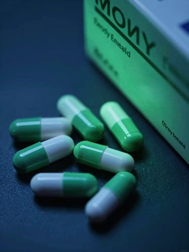 Overhead clean angle of organized pharmaceutical inventory under moody emerald green and cool blue ambient lighting, sharp focus.