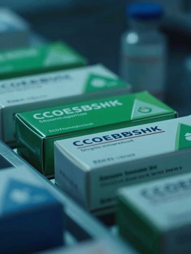 Cinematic pharmaceutical photography, close-up of temperature-tracked medicine boxes in a dark blue and clinical green warehouse, 35mm lens.