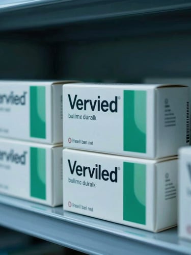 Tight macro shot of verified medicine boxes stacked on a clean steel shelf, cool blue and clinical green ambient undertones, high contrast.