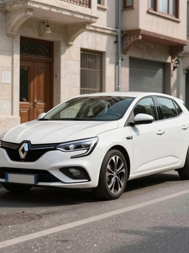 Three-quarter camera view of a modern white Renault Megane parked on a clean Sancaktepe street in bright afternoon daylight, sharp focus