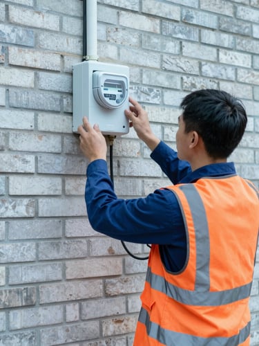 Medium-wide shot of a technical worker in a high-visibility safety vest installing a smart meter device on a brick wall, bright natural daylight, cool blue and orange tones, sharp focus, 35mm lens.
