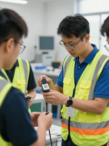 A technical instructor in a bright high-visibility vest training workers on smart meter calibration, clean workshop background, sharp focus, 35mm lens