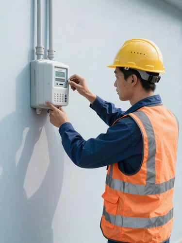 Medium-wide shot of a technical worker in a high-visibility safety vest and hardhat commissioning a smart meter on an industrial wall, bright natural daylight, sharp focus, 35mm lens