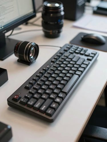 Plano fechado focado em ferramentas de trabalho corporativo, teclado de alta qualidade sob iluminação natural de escritório, ambiente sóbrio.