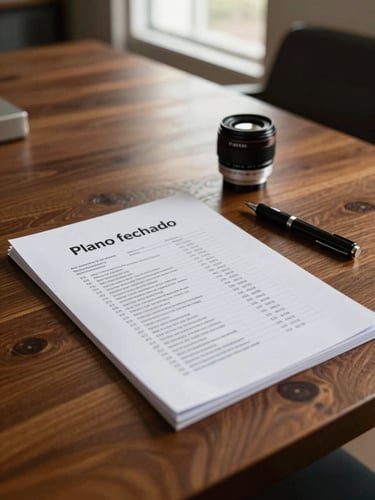 Plano fechado em uma mesa de reunião de madeira nobre, com um relatório financeiro impresso em papel texturizado, uma caneta tinteiro clássica ao lado e luz natural suave vinda de uma janela lateral.