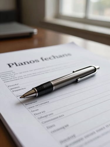 Planos fechados de papelaria corporativa de alta qualidade, uma caneta de metal escuro sobre um relatório financeiro impresso, iluminação natural suave vinda de uma janela de escritório, atmosfera sóbria e segura.