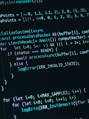 Macro close-up of a sleek, dark-mode software interface displaying complex code blocks with neon-cyan syntax highlighting, sharp studio lighting, technical precision, wide aspect.