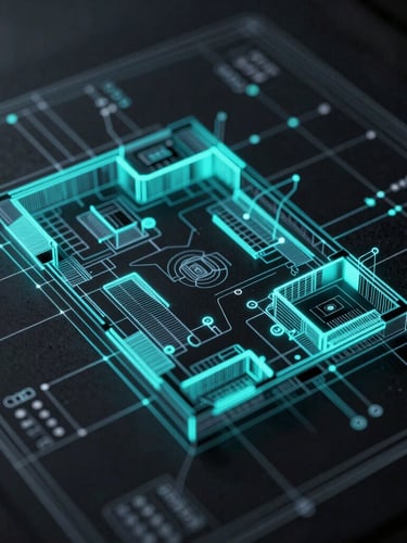 Overhead schematic of a complex architectural blueprint overlaid with digital data points, moody studio lighting, sharp technical details, portrait aspect, neon-cyan accents, bleed to edge.
