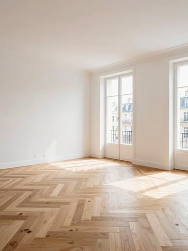 Architectural wide shot of a bright, newly renovated Parisian apartment living room in Villemomble, light oak herringbone parquet, pristine white walls, large windows letting in natural daylight.