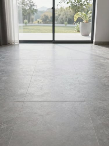 Straight-on architectural shot of a bright modern living room with perfectly laid large format grey tiles, natural daylight flooding from a large window, clean joints.