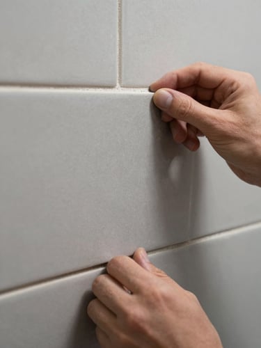 Macro close-up shot of a craftsman's hands carefully aligning a large format grey ceramic tile on a bathroom wall, perfect grout lines, natural side lighting, technical precision visible.