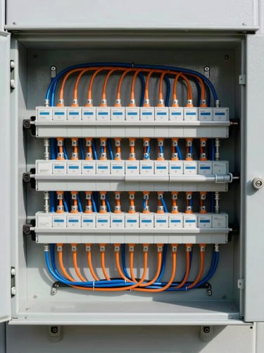 Straight-on architectural shot of a newly installed, perfectly organized electrical panel with neat orange and blue wiring, bright natural daylight, clean slate grey wall background.