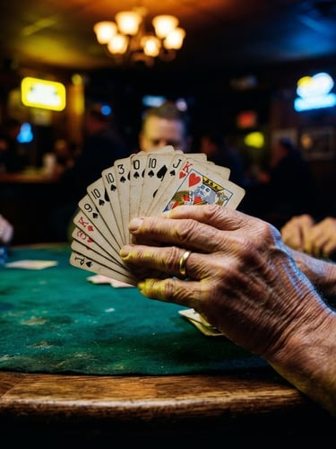Dynamic close-up of weathered hands holding a hand of cards over a green felt table, neon yellow and blue rim lighting, 35mm photography.