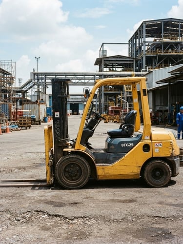 A yellow industrial forklift parked in an outdoor training yard in Batam, bright daylight, steel structures in the background, sharp focus, 35mm