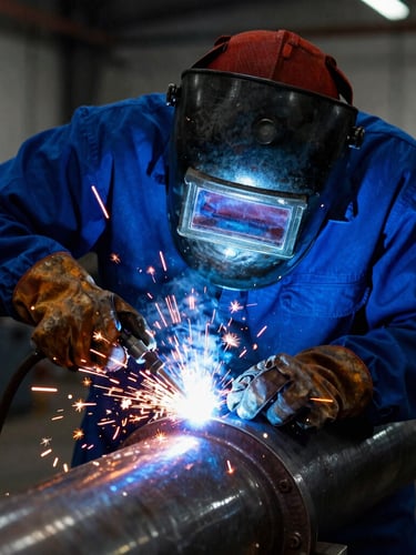 Dramatic close-up of a professional welder in full PPE welding a heavy steel pipe, bright orange sparks flying, dark industrial workshop background, royal blue tones, 35mm photography