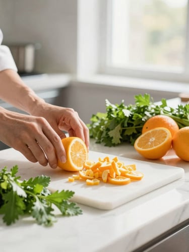 Bright, sunlit commercial kitchen prep station, fresh green herbs, chopped citrus fruits on a white marble counter, chef hands visible in soft focus, airy atmosphere.