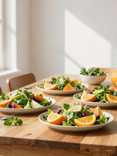 Editorial portrait of a sunlit wooden dining table, vibrant plates of fresh citrus-dressed salads, fresh herbs, warm morning window light casting soft shadows.