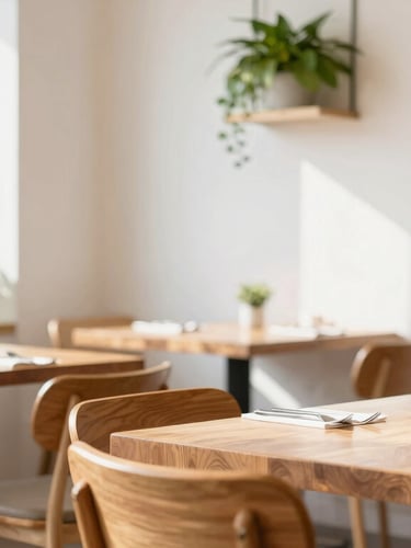 A vertical portrait of a modern, sunlit restaurant interior with natural light, empty wooden tables, and green plants against clean white walls, bright editorial style.
