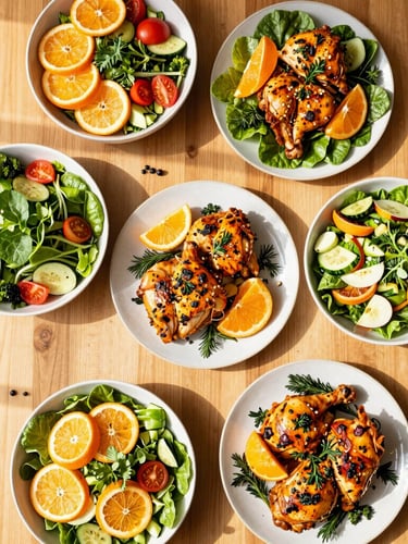 Top-down flat lay of a sunlit wooden dining table filled with vibrant Mediterranean-style salads, citrus-marinated chicken, and fresh herbs, soft window shadows