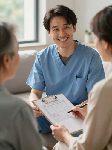 Close-up of a therapist holding a clipboard, smiling warmly at an older client in a sunlit living room, natural daylight, intimate framing.