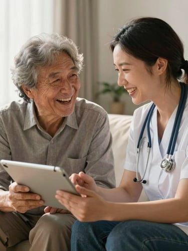 A therapist and an older adult sharing a laugh over a tablet in a sunlit living room, soft morning light, warm and natural framing.