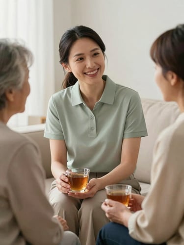 A warm, natural light medium shot of a female therapist in a soft sage green polo smiling and chatting with an elderly woman in a bright living room, holding a cup of tea together.