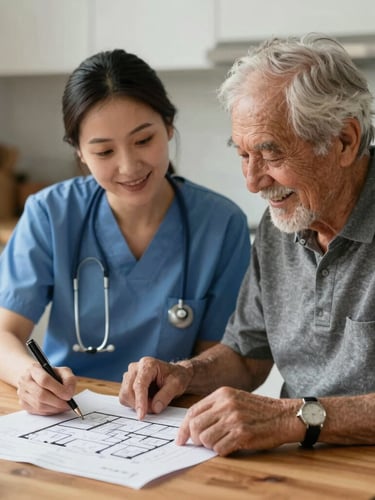 An occupational therapist and an aging adult smiling while reviewing architectural floor plans together on a wooden kitchen table, soft side lighting, intimate medium shot.