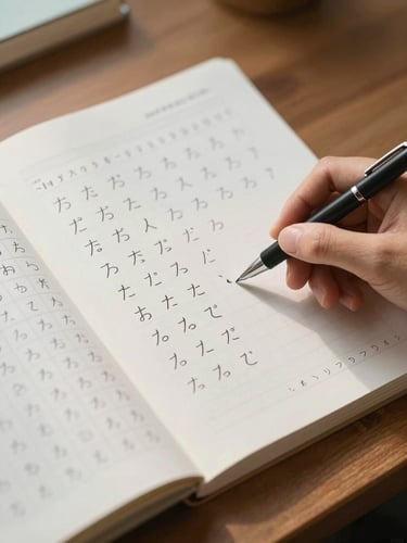 Close-up overhead view of a Japanese language workbook open on a wooden desk, a hand resting beside handwritten hiragana practice characters, soft north-facing daylight from the left, a fine-tipped pen placed diagonally across the page