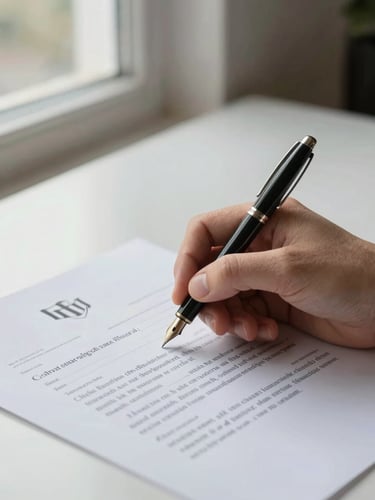 Close-up editorial frame of a hand holding a fountain pen signing a formal contract document on a clean desk, natural north-facing window light from the left, paper texture visible, shallow depth of field, calm and precise