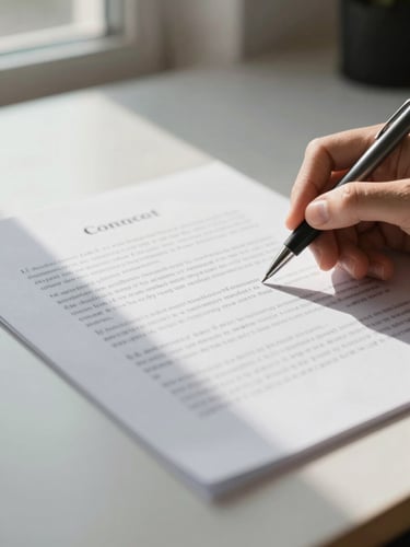 Close-up of a hand holding a pen above a contract page on a clean desk, natural north-facing window light falling across the paper, fine print visible in soft focus, no faces