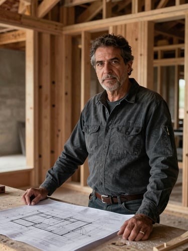 Stark high-contrast portrait of builder Carlos Ferrer in a scenic construction workshop, surrounded by raw timber frames and architectural blueprints, dramatic side lighting.