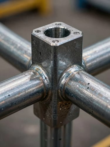 Close-up macro shot of a heavy-duty steel joint connection on a scenic frame, raw metal texture with technical chalk markings, sharp workshop light.