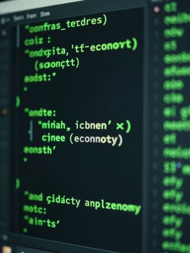 A close-up shot of a dark-themed code editor displaying complex game economy math, illuminated by neon green ambient light, shallow depth of field, 35mm