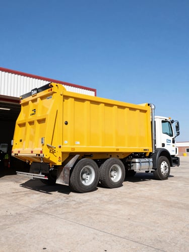 Low-angle heroic shot of a Dallas Dumpster Works heavy-duty roll-off truck, construction yellow, parked at the Pipestone Road depot entrance, professional driver in high-visibility gear standing by, harsh Texas midday sun, wide-angle lens.