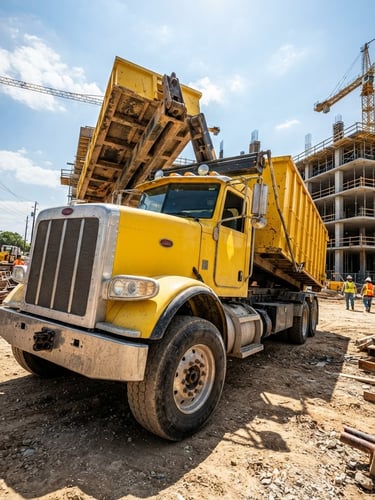 Low-angle heroic shot of a yellow Dallas Dumpster Works roll-off truck on a construction site under harsh Texas midday sun, sharp focus, wide-angle lens.