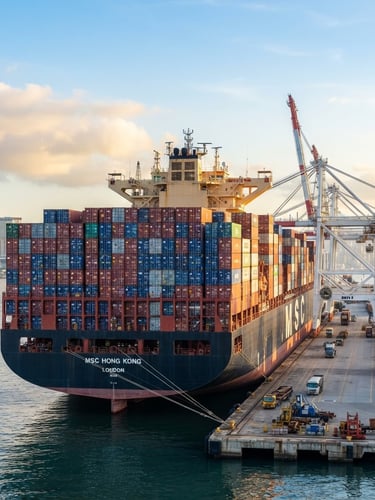 A massive container ship docked at the Hong Kong port at dawn, bright morning light, crisp focus, professional commercial style