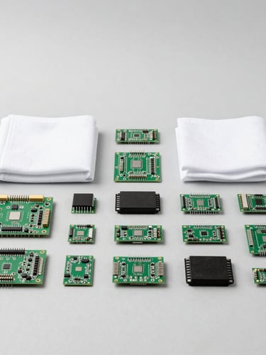 Bright high-key studio photo of electronic components and clean-cut fashion textiles arranged neatly on a neutral gray background.