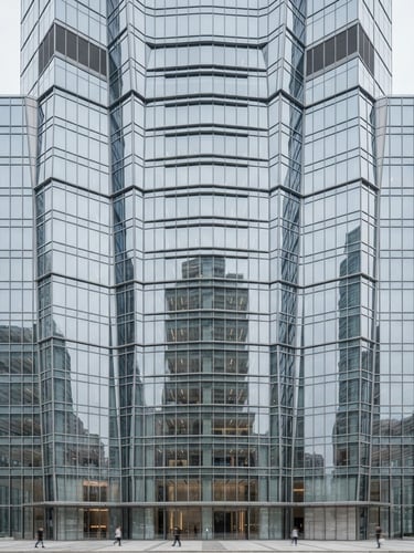 A bright high-key professional commercial shot of a modern corporate office building in Hong Kong, clean glass facade, neutral gray sky, sharp focus, 50mm