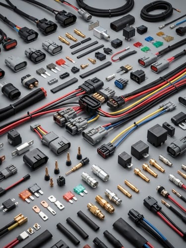 Clean commercial shot of high-quality automotive components and electronic connectors arranged neatly under bright studio light, neutral gray background.