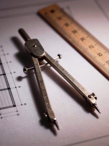 Macro shot of a technical architectural drawing on heavy paper, a classic metal compass and wooden ruler resting on the blueprint, dramatic side-lighting, elegant shadows, 35mm.