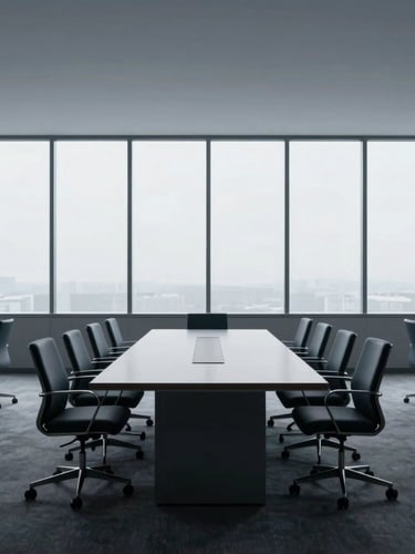 Interior de um escritório corporativo moderno e vazio, com grandes janelas e luz natural suave, linhas geométricas nítidas, em tons de azul e cinza desaturados. Uma mesa de conferência vazia no centro, com cadeiras alinhadas simetricamente. Estilo minimalista, fotografia corporativa.