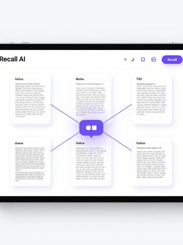 Minimal high-fidelity UI mockup of the Recall AI dashboard, showing a clean network graph connecting voice notes and PDFs with subtle purple glows on a crisp white background.